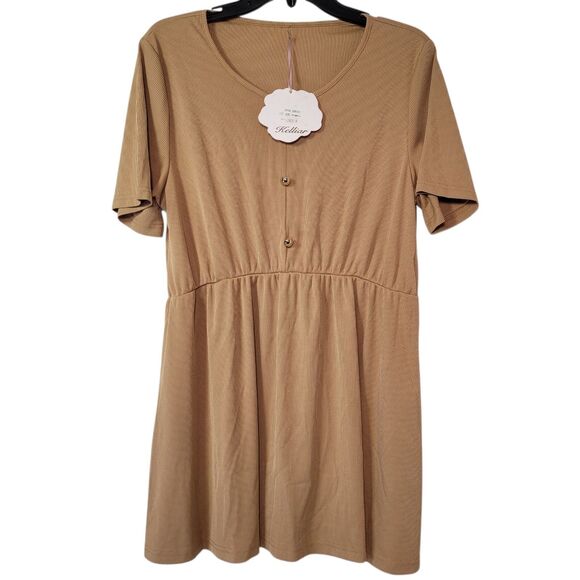 Women Ribbed 3 Front Button Short Sleeve Mini Dress Khaki Size Large - Picture 2 of 8